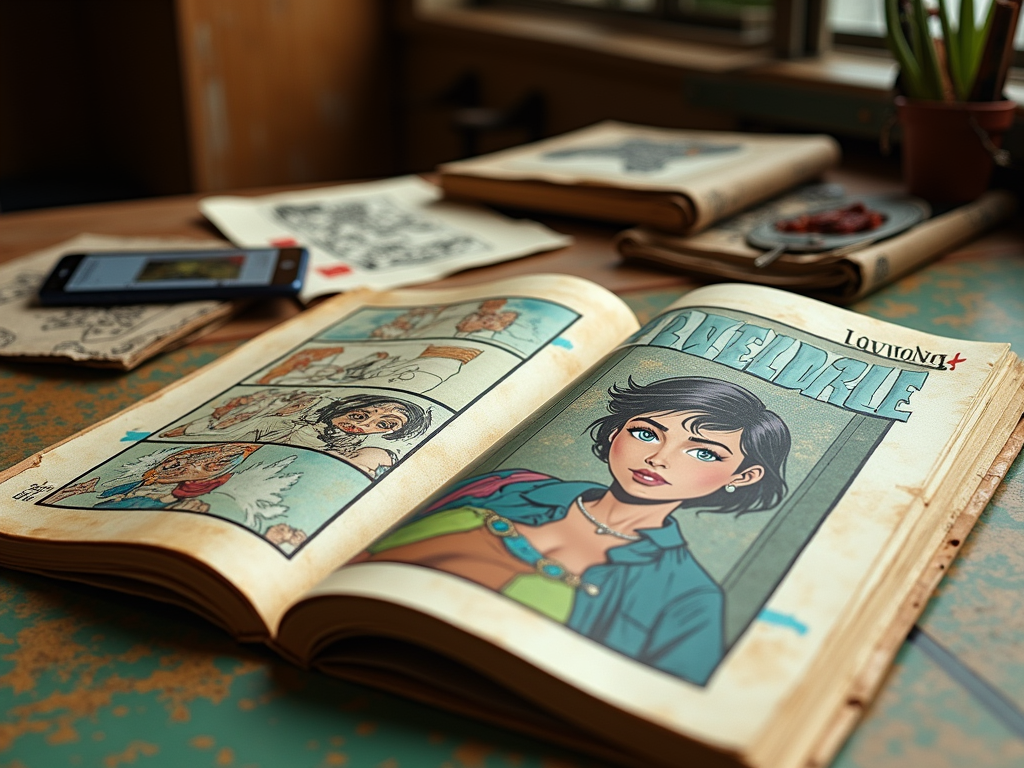 Старинная книга с комиксами на столе, открытая страница с иллюстрацией женщины.