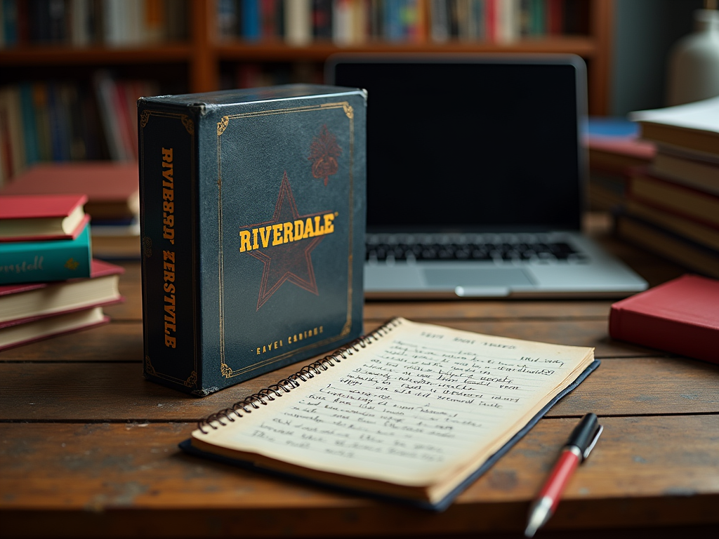 Старинная книга "Riverdale", блокнот, ручка и ноутбук на столе с книгами на фоне.